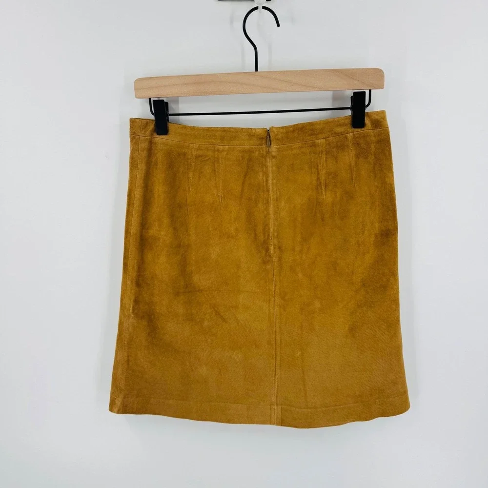 Y2K LOFT Petites Suede Leather A-Line Mini Skirt Camel Brown Zip Back Panel 6P‎